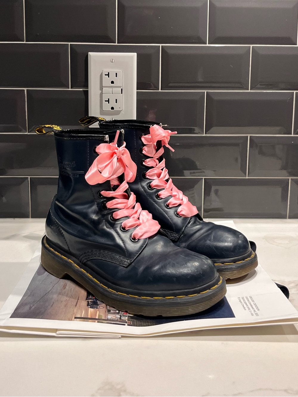 Dr. Martens 1460 Navy Leather Boots with Ribbon Laces
